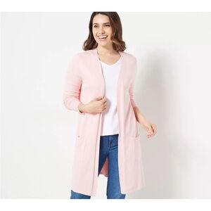 New-Bella Kim Gravel-1X-baby pink-feather knit,  open front, cardigan sweater.